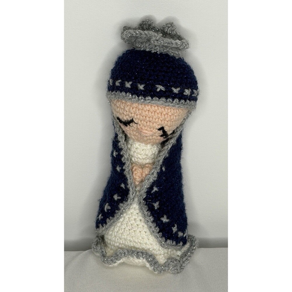 Handmade Crochet Virgin Mary Nativity Doll Christmas Decor 10.5” Blue Silver